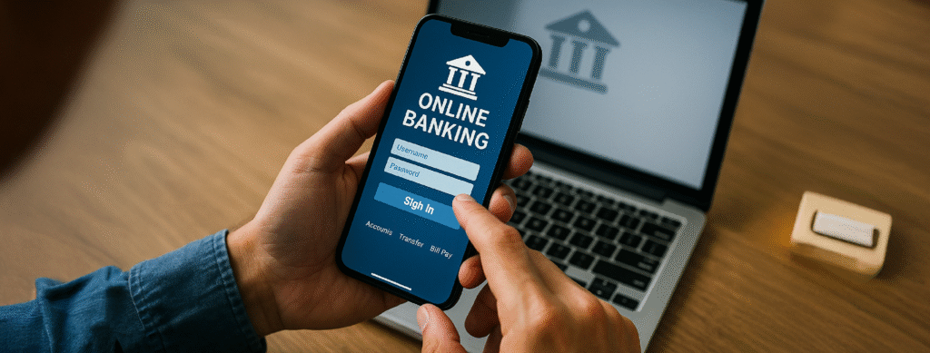 La imagen muestra lun teléfono celular en las manos de una persona que está operando con una entidad financiera a través de una aplicación de "home banking".