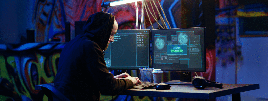 En la imagen se ve a un hacker intentando vulnerar un sistema empresarial.