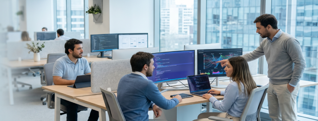 Personas trabajando una oficina con varias computadoras