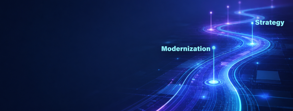 Representación digital de un camino en el que se destacan dos hitos, uno de Modernización y otro de Estrategia. 