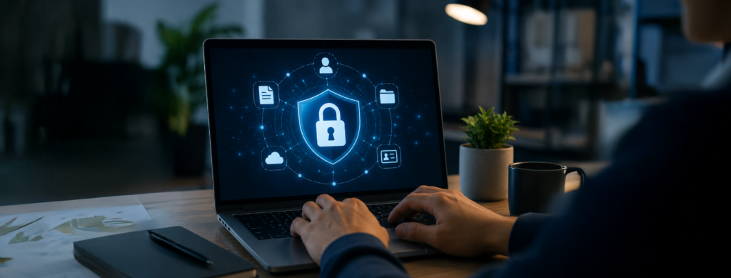 Una persona trabaja sobre una computadora. En la pantalla pueden verse íconos vinculados a seguridad.