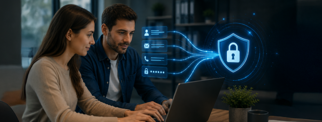Dos personas trabajan con una computadora en cuestiones de seguridad